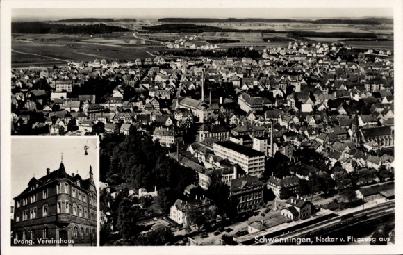 Postcard Schwenningen am Neckar, aerial photograph, Evangelical Christian Men's Clubhouse