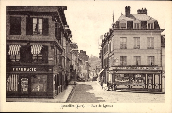 Postcard Cormeilles Eure, street with pharmacy, shops, architecture.