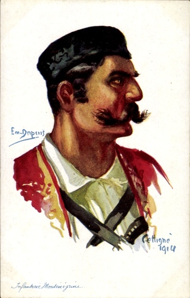 Artist Postcard Dupuis, Emil, France's Allies, Cetinje 1914, Montenegrin soldier, infantry