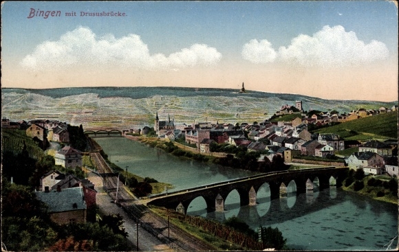 Postcard Bingen am Rhein, overall view with Drususbrücke