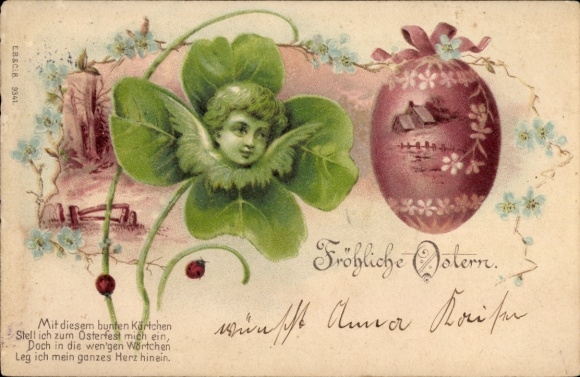 Litho Frohe Ostern, Engel im Kleeblatt mit Ei