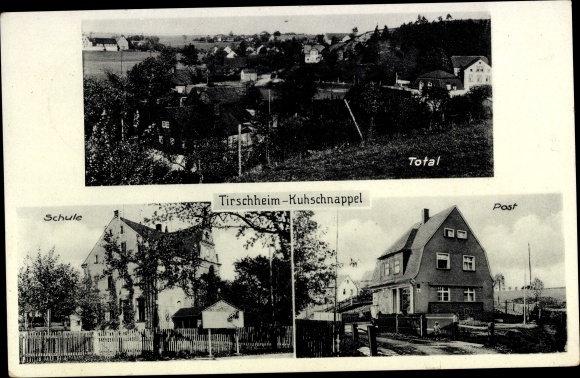 Ansichtkaart Tirschheim Kuhschnappel Sankt Egidien in Saksen, postkantoor, school, totaaloverzicht