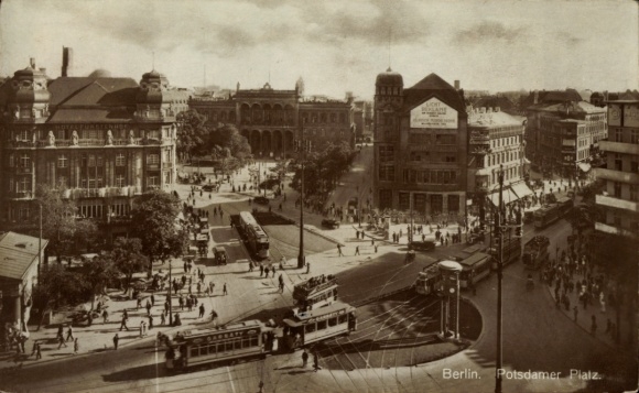 Postcard Berlin Tiergarten, Potsdamer Platz, trams