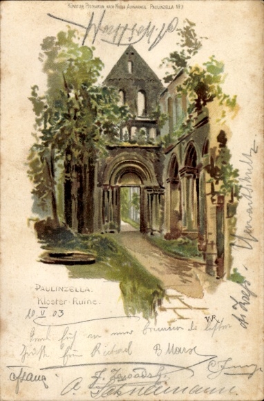 Postcard Paulinzella Rottenbach Königsee in Thuringia, monastery ruins, trees, old architecture, in color