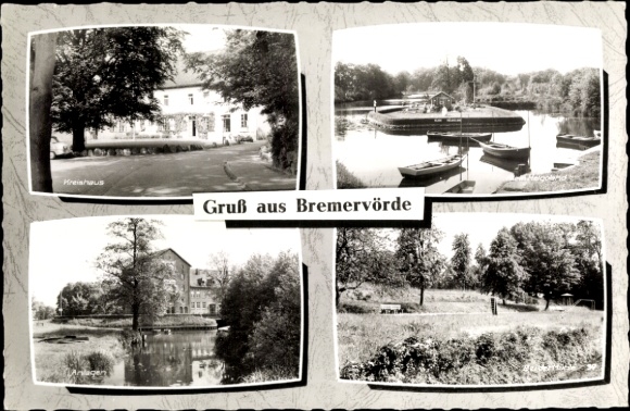 Postcard Bremervörde in Lower Saxony, district house, boats