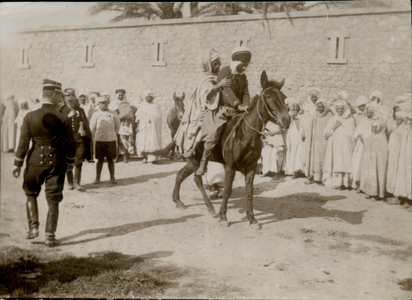 Photo around 1900, Biskra Algeria, Remontemarkt, mule being tested by two riders