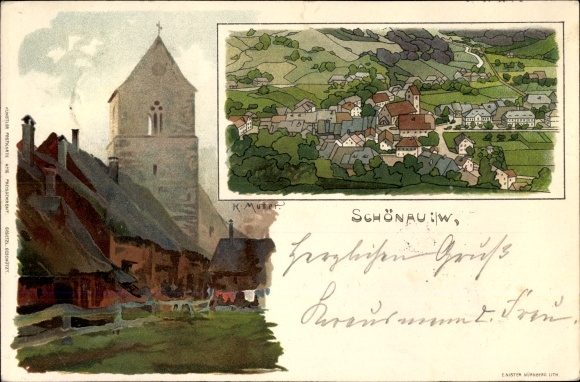Artist Chromo-Litho mother, K., Schönau Black Forest, village, church tower