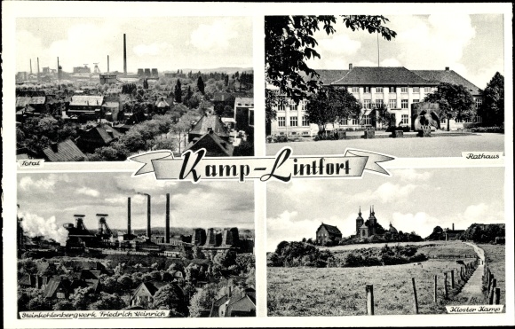 Postcard Kamp Lintfort Lower Rhine, long shot, town hall, coal mine Friedrich Heinrich, Kamp monastery