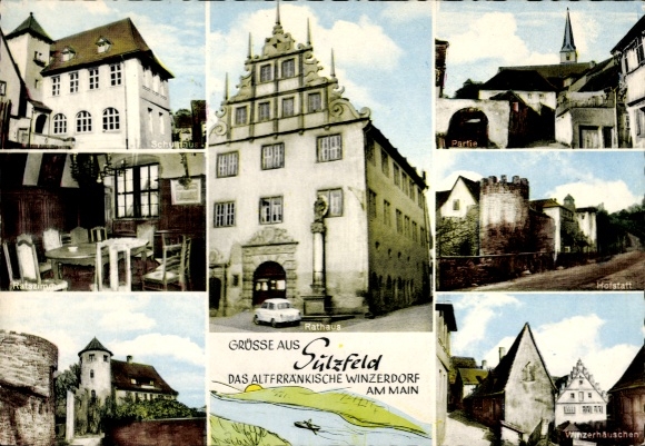Postcard Sulzfeld am Main in the Kitzingen district, winemaker's cottage, schoolhouse, town hall, church tower