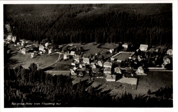 Postcard Schierke Wernigerode in the Harz Mountains, aerial view of Harz Mountains, houses, forests, fields