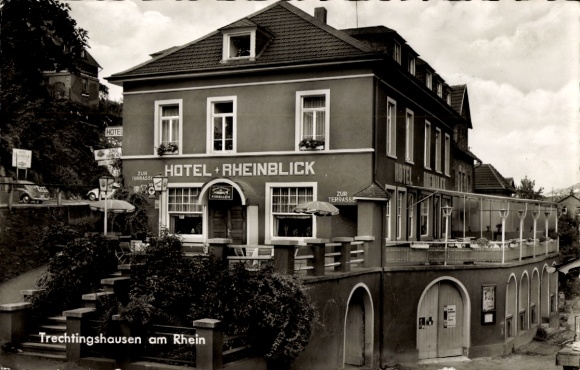 Postcard Trechtingshausen am Rhein, Hotel Rheinblick, terrace, black and white