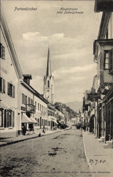 Postcard Partenkirchen in Upper Bavaria, Main Street, Ludwig Street, Church, Shops