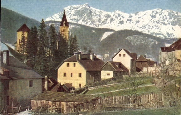 Postcard Münichtal Erzberg Eisenerz Styria, mountain landscape, snow-capped mountains, church, houses, W