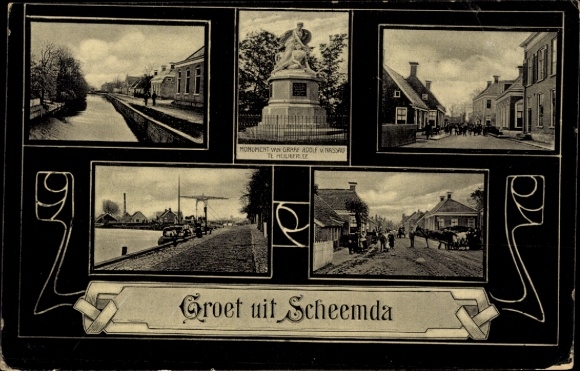 Ak Scheemda Oldambt Groningen, straat, monument