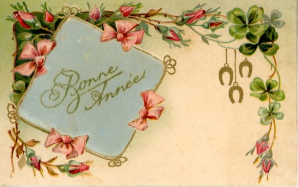 Greeting card Happy New Year, flowers, lucky clover, horseshoe