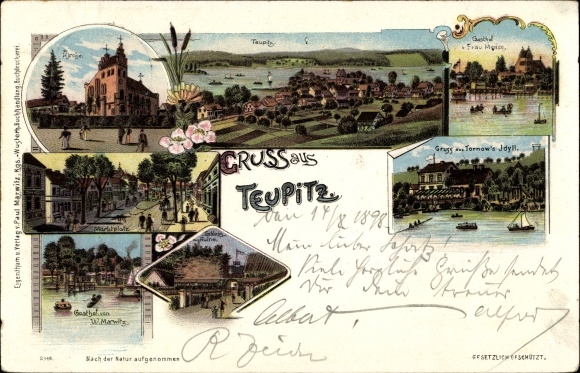 litho Teupitz in der Mark, Gasthof Marwitz, Tornow's Idylle, totaaloverzicht