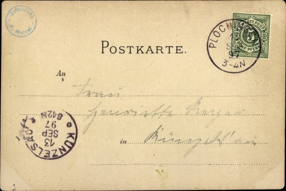 Chromo-Litho Plochingen in Baden Württemberg, chapel, train station, bridge