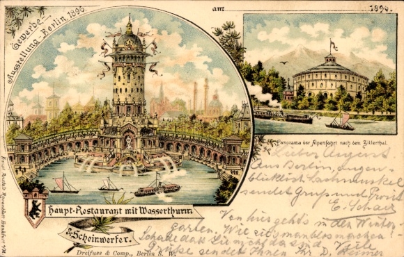 Wystawa handlowa lito Berlin 1896 restauracja główna, wieża ciśnień, reflektory, wycieczka alpejska Zillertal
