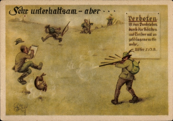 Artist Postcard Geilfus, Very entertaining but forbidden, Pulling through with a firearm