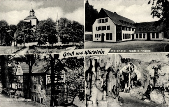 Postcard Warstein in the Sauerland, church, forest hotel, stalactite cave, stalactite cave, youth hostel