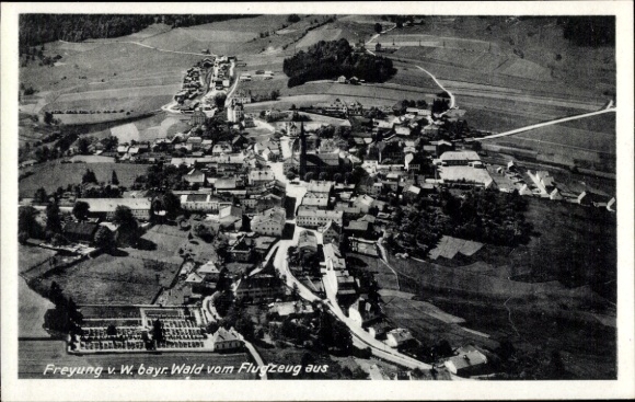 Postcard Freyung in the Bavarian Forest, aerial photograph, landscape, city view, Bavarian Forest