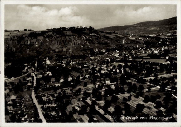 Postcard Lörrach in Baden, aerial view of hills in the background, clouds, trees