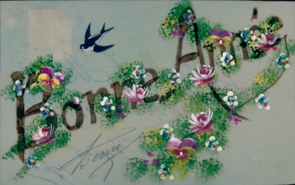 Celluloid PC Happy New Year, flowers, swallow