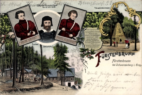 Postcard Fürstenbrunn Schwarzenberg in the Ore Mountains, portraits of people, nature view, Fürstenbrunnen