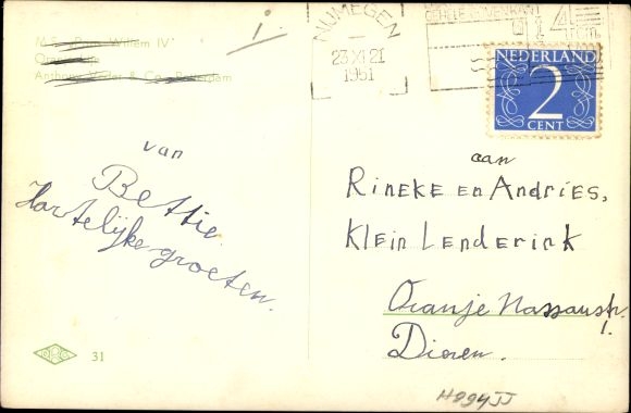 Ak passagiersschip MS Prins Willem IV, Oranje Lijn