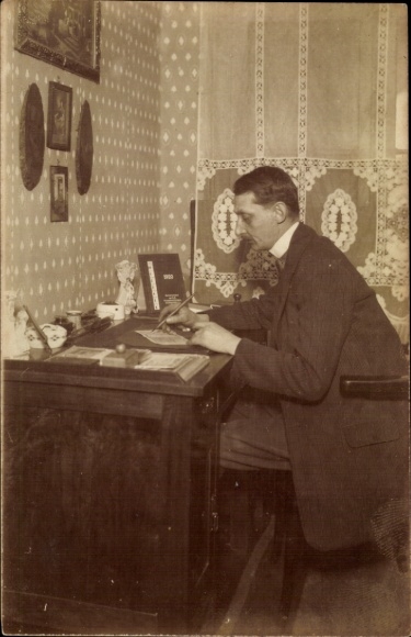 Photo Postcard Man at Desk, Letter, Study