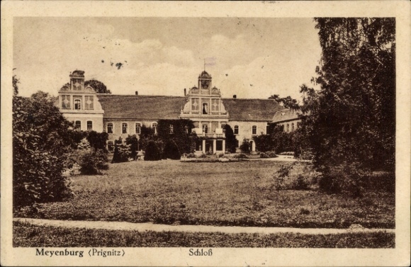 Postcard Meyenburg in the Prignitz, castle, green meadow, historical architecture, plants.
