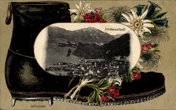 Embossed Passepartout PC Immenstadt im Allgäu Swabia, general view, Edelweiss