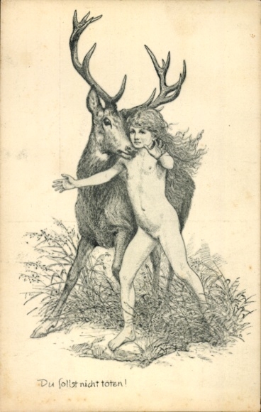 Art Nouveau artist Postcard Fidus, Thou shalt not kill, child, deer, Association of the St. George's League