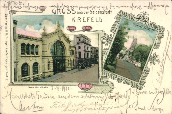 Ak Krefeld am Niederrhein,  aus  Neue Markthalle, Krieger Denkmal, farbig