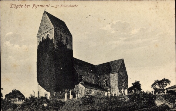 Postcard Lügde in the Weserbergland, St. Kilianskirche, old church, black and white photo