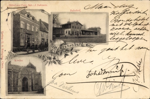 Ak Cranenburg Kranenburg am Niederrhein, Hotel zur Post, Kirche, Bahnhof