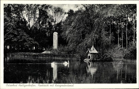 Postcard Baltic resort Heiligenhafen in Holstein, park pond, war memorial