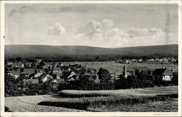 PC Ellern im Hunsrück, total view of the village with surroundings, forest, fields, church tower