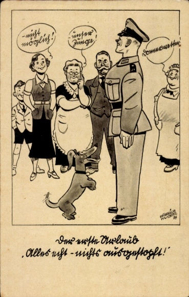 Artist Postcard Wehrmacht soldier in uniform, dog, enthusiastic women