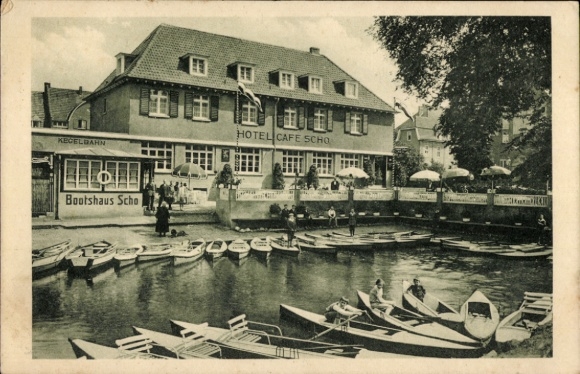 Ak Kleve, Hotel Café Scho, Ruderboote, Gewässer