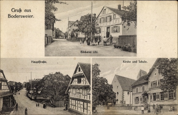 PC Bodersweier Kehl am Rhein Ortenaukreis Baden Württemberg, main street, church, school, baker