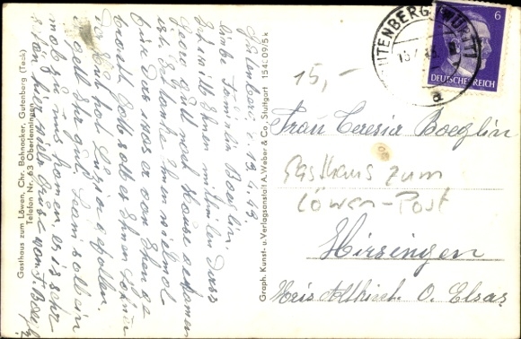 Postcard Gutenberg in Württemberg, Tesk, Gasthaus zum Löwen Post