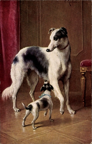 Künstler Ak Reichert, Windhund mit kleinem Terrier