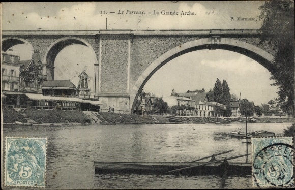 Ak Le Perreux sur Marne Val de Marne,  Die Große Arche, Brücke, Fluss, alte Gebäude