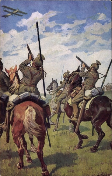 Artist Postcard Roloff, A., German Uhlans firing at an enemy aircraft, World War I