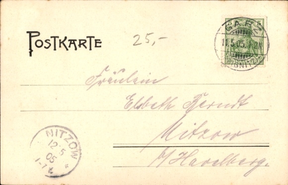Postcard Garz Plattenburg in the Prignitz, village street with church, Muchow Inn, customs house, greetings from...