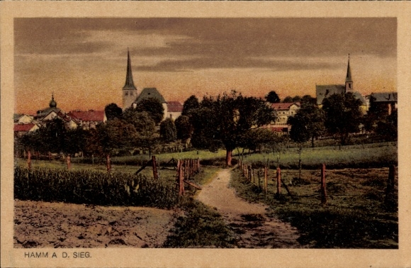 Postcard Hamm an der Sieg, partial view, path, pastures