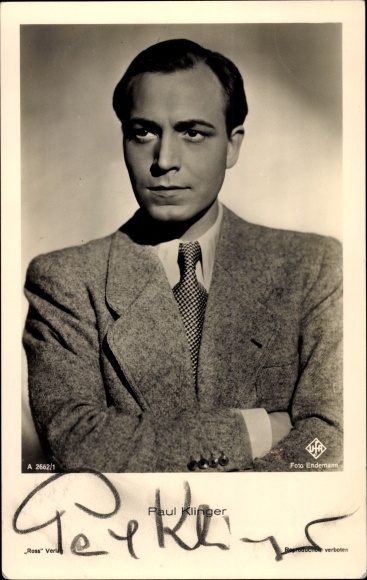 Postcard actor Paul Klinger, portrait in a suit, Ross Verlag A 2662 1, Ufa Film, autograph