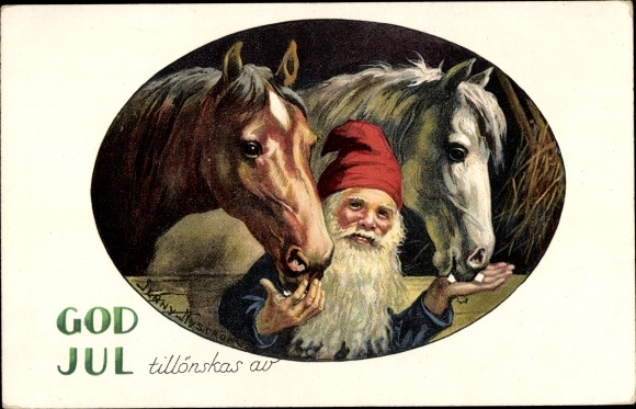 Artist PC Nyström, J., Happy Christmas, dwarf feeds horses