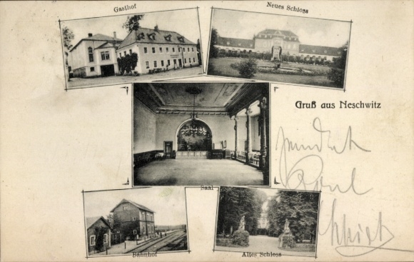 Ak Neschwitz in der Oberlausitz Sachsen, Gasthof, Neues Schloss, Saal, Bahnhof, Altes Schloss